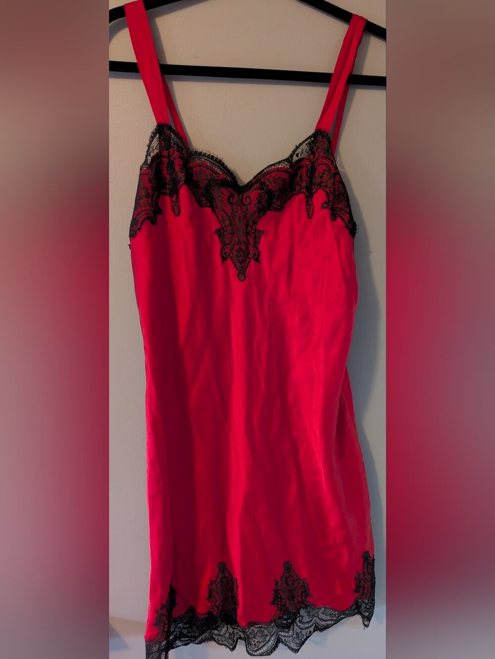Soma Red Silk Chemise with Black Lace Trim M